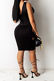 Sexy Pure Color Hollow Out Tight Asymmetry Sleeveless V Neck Mini Dress MLM9041
