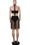 Black Fashion Sexy Cultivate One's Morality Tassel Deep V Conjoinde Swimsuits MDF5205