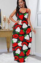 Fashion Printing Sexy Deep V Neck Sling Strawberry Mouth Graphic Dress LIN8806