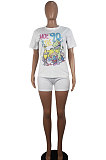 Casual Trendy Cartoon Printing Short Sleeves Shorts Two-Pieces SDD9229