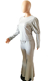 Gray Puff Slevee Horn Pants Iiving At Home Prue Color Casual Two-Piece MLL142