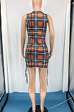Plaid Print Double Side Shirred Detail Sleeveless Waistcoat Vest Mini Dress RMH8805