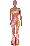 Flare Leg Pants Tie Dye Back Hollow Out Bind Falbala Casual Jumpsuit RMH0698