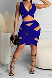 Sexy Pure Color Hollow Out Tight Irregular Sleeveless V Neck Skirts Sets MLM9042