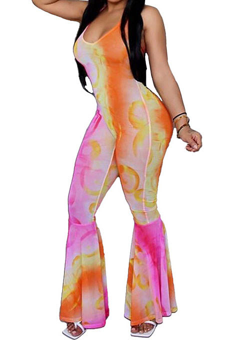 Flare Leg Pants Tie Dye Back Hollow Out Bind Falbala Casual Jumpsuit RMH0698