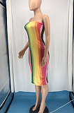 Sexy Women Long Dress Rainbow Bar High Eastic Tight Chest Wrap  Long Dress RMH8178