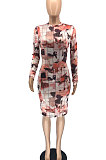 Fashion Women Plaid Tie Dye Printing High Neck Long Sleeve  Midi Dress RMH8173