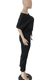 Nine Points Jumpsuit Pure Color Loose Round Neck Short Sleeves Trendy Casual Pants Sets RMH8123