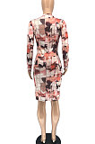 Fashion Women Plaid Tie Dye Printing High Neck Long Sleeve  Midi Dress RMH8173