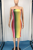 Sexy Women Long Dress Rainbow Bar High Eastic Tight Chest Wrap  Long Dress RMH8178