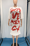 Euramerican Women Spring Summer Short Sleeves Personality Letter Printing Midi Dress RMH8903