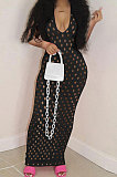 Hollow Out Perspective Net Yarn Pure Color Long Dress QQM4220
