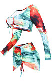 Spring Summer Women Printing Sets Milk Silk Long Sleeve Sexy Skirts Sets JZH8029