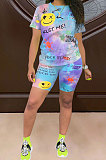 Tie Dye Printing Positioning Wording Trust Smiling Face Simplee Shorts Sets SQ940