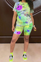 Tie Dye Printing Positioning Wording Trust Smiling Face Simplee Shorts Sets SQ940