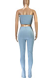 Trendy Casual Sexy Pure Color Bandeau Bra Trouser Leg Side Open Fork Cultivate One's Morality  Pants Sets SM9155