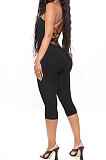 Pure Color Pit Bar Backless Bind Sexy Romper Shorts HH8959