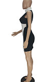 Sexy Black White Spliced Sleeveless Round Neck Mini Dress QMQ7020