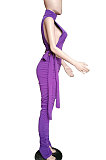 Pure Color Shirred Detail Open Fork Micro Flared Trousers Sport Casual Pants Sets WXY8831