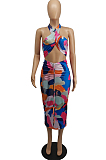 Fashion Sexy Hang A Neck Print Wrap Skirts Suits SDE2103