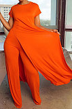 Women Pure Color Casual Short Sleeve Long Pants Two-Pieces XT887