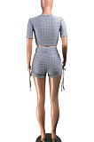 Fashion Casual Pure Color Shirred Detail Shorts Sets YR8070