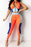 Spliced Contrast Color Sexy Cultivate One's Morality Short Sleeve Zipper Pants Sets LA3259