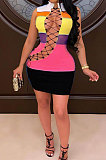 Fashion Casual Womnen Spliced Sexy Hollow Out Bind Mini Dress MDF5220