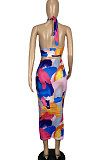 Fashion Women Printing Backless Shirred Detail Skirts Sets CY1317