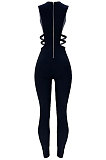Pure Color Hollow Out Zipper Dark V Neck Sexy Bodycon Jumpsuits GL6352