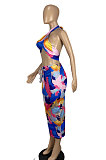 Fashion Women Printing Backless Shirred Detail Skirts Sets CY1317