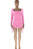 Fashion Women U Neck Pure Colro Shirred Detail Romper Shorts HR8161