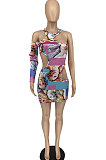 Club Hollow Out Printing Hole Tight Sexy Long Sleeve Mini Dress ATE5220