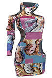Club Hollow Out Printing Hole Tight Sexy Long Sleeve Mini Dress ATE5220