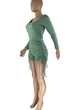 Fashion Women U Neck Pure Colro Shirred Detail Romper Shorts HR8161