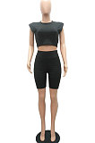 Trendy Womenswear Pure Color Shoulder Pads Short Sleeve Shorts Sets MR2080