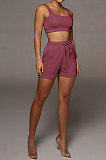 Euramerican Women Pure Color Double Vest Sport Shorts Sets HR8163