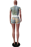 Casual Print The Grid Sports Short Sleeve Shorts Two-Piece TRS1117