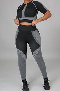 Trendy Printing Short Sleeve Outdoor High Waist Tight Yoga Pants Sets LD9127