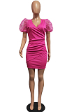 Deep V Pure Color Puff Sleeve Sexy Dresses H1628 
