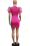 Deep V Pure Color Puff Sleeve Sexy Dresses H1628 