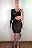 Sexy Net Yarn Perspective Bind Long Sleeve Vest Dress QZ6123