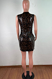Sexy Deep V Leopard Print PU Stretch Mini Dress QZ3320