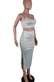 Summer Stripe Printing Open Fork Midi Skirts Sexy Two-Pieces AWL5860