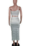 Summer Stripe Printing Open Fork Midi Skirts Sexy Two-Pieces AWL5860