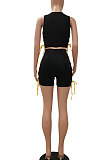 Fashion Stand Collar Net Yarn Spliced Eyelet Bind Casual Shorts Sets CM2111
