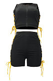 Fashion Stand Collar Net Yarn Spliced Eyelet Bind Casual Shorts Sets CM2111