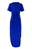Trendy Women Pure Color Double Pocket V Neck Open Fork Loose Long Dress HR8168