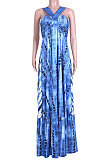 Blue High Waist Gallus Printing Long Dress JZH8038