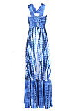 Blue High Waist Gallus Printing Long Dress JZH8038